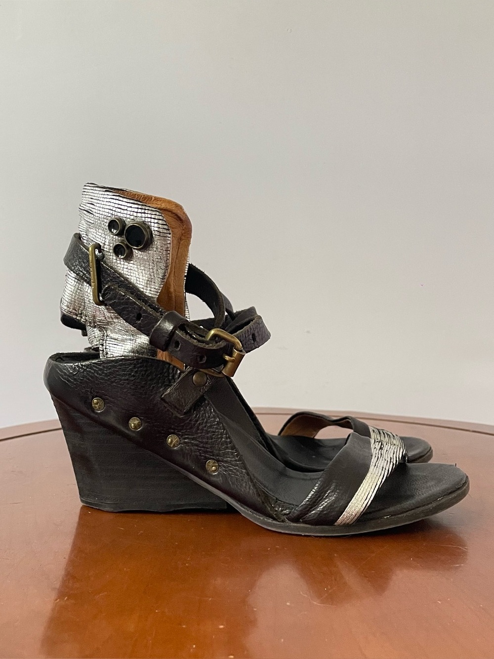 A.S.98 black and silver leather strappy wedge sandals | EU 36
